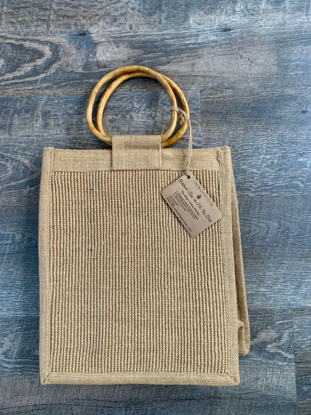 Oenophiles Bottle Tote Bag with  Cane  Handles - Natural Jute  Fits 6 Bottles